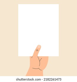 Hand holding empty banner vector isolated. Illustration of hand holding white paper sheet. Empty space for message.