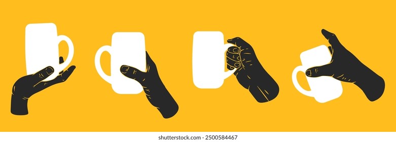 Hand holding empty beer glass. Set hand drawn silhouettes human palms. Flat vector illustration.