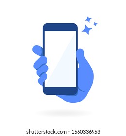 hand holding empty blank screen smartphone with sparkle star in blue color illustration vector