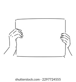 hand holding empty board, cardboard, or paper in sketch style. isolated on white background. hand drawn vector illustration.