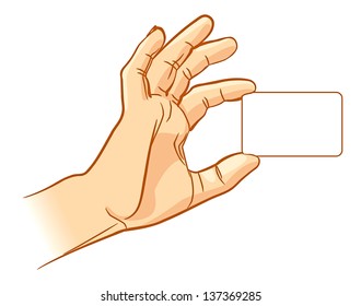Hand holding an empty business card. Vector illustration. Isolated on white background
