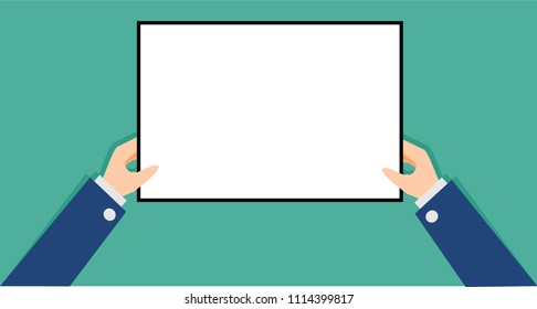 Hand holding empty copy space white board for text or image for advertisement or announcement illustration vector