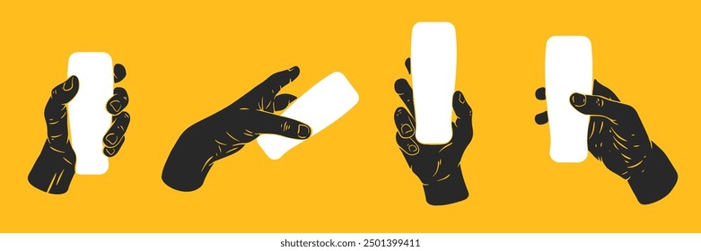 Hand holding empty glass for water or cocktail. Set hand drawn silhouettes human palms. Flat vector illustration.