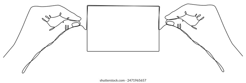 Hand halten leere Papierbogen durchgehende Linie Kunst gezeichnet. Vektorillustration isoliert auf Weiß.