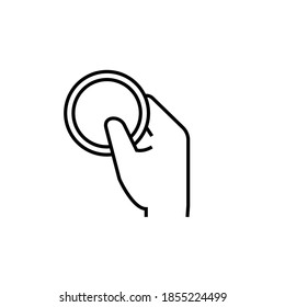 Mano con el icono vacío de la línea de la placa de Petri. Imagen de cliente aislada en fondo blanco.