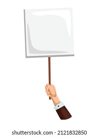 Hand holding empty placard with place for text. Person hand holding blank banner or card. Isolated vector illustration can be used for competition, news, tournament or contest