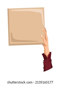 Hand holding empty placard with place for text. Person hand holding blank banner or card. Isolated vector illustration can be used for competition, news, tournament or contest
