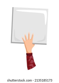 Hand holding empty placard with place for text. Person hand holding blank banner or card. Isolated vector illustration can be used for competition, news, tournament or contest
