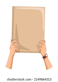 Hand holding empty placard with place for text. Person hand holding blank banner or card. Isolated vector illustration can be used for competition, news, tournament or contest
