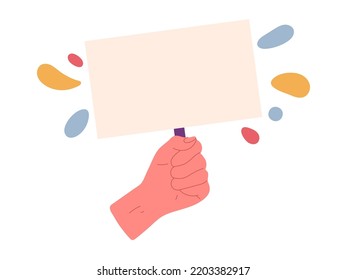 Hand holding empty placard, vote, advertising or protest banner. Cartoon human hand with blank poster on wood stick vector background illustration. People holding in hands various items