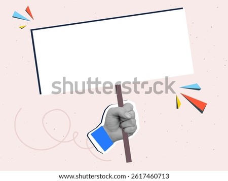Hand holding empty protest banner with place for text. Modern photo collage style. Vector illustration