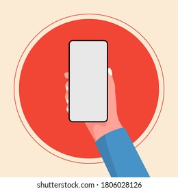 Hand holding empty screen mobile phone. Editable smartphone template. Shopping by smartphone. Holding phone with one hand. Contactless exchange. Sharing data. Vector Flat Illustration for web, print.