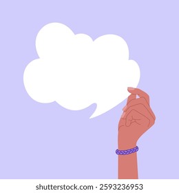 Hand holding empty space speech bubble. Communication concept. Online messaging, chatting. Hand drawn vector illustration isolated on purple background, flat cartoon style.
