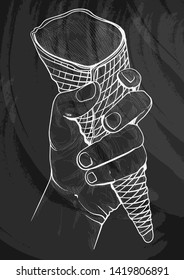 Hand holding empty wafer cone for ice cream. chalk drawing style.