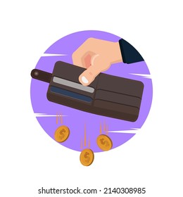 Hand holding empty wallet with coins