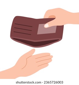 Hand holding empty wallet in flat design on white background.