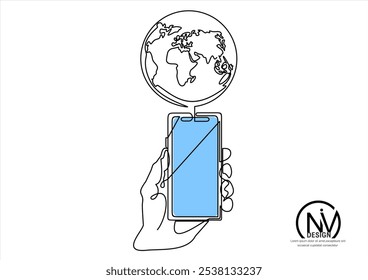 Mano que sostiene el teléfono celular blanco vacío de la maqueta con el globo terráqueo. Tecnología global y concepto de metaverso. dibujo de línea continua