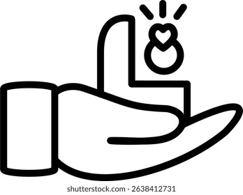 Hand holding engagement ring line icon. Vector graphics and not Artificial Intelligence. Symbol, logo illustration. Replaceable vector design.