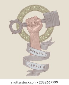 hand holding engine piston in antique circle frame and banner. Vintage engraving drawing style vector illustration