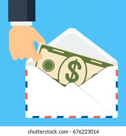 Hand holding envelop with money. Symbol of wealth, success and good luck. Bank and Finance. Flat vector cartoon illustration. Objects isolated on a white background.