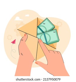 Hand holding envelope with banknotes inside. Person taking loan in bank, getting salary or receiving bribe flat vector illustration. Finances, wealth concept for banner, website design or landing page