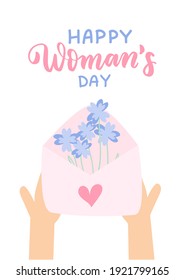 Hand holding envelope with blue spring flowers bouquet . Happy womans day. 8 march. Hand drawn illustration