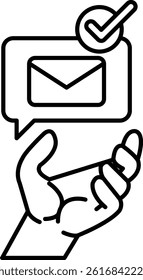 A hand holding a envelope with a check mark on it