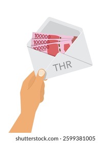 Hand holding an envelope containing Indonesian Rupiah IDR for the THR. THR is holiday allowance money that workers in Indonesia get before Eid al-Fitr. Vector Illustration.