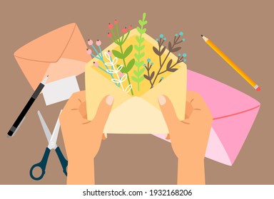 Hand holding envelope. Handmade, postcrossing concept. Hands with letter, happy friendly mail with flowers vector illustration