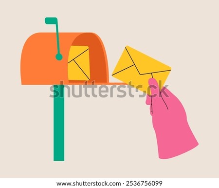 Hand holding envelope inserting into mail box. Colorful vector illustration