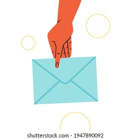 Hand holding an envelope isolated on white background. Sending mail concept. Hand drawn vector illustration.