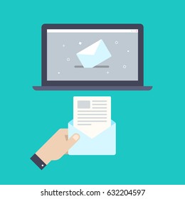 Hand holding envelope, letter. Email symbol on the computer monitor. E-mail message concept. Vector illustration