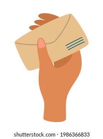 Hand, die einen Umschlag mit einem Brief hält. Mail-, Kommunikations- und Nachrichtenkonzept. Korrespondenz durch Postdienste. Verschickt schriftlichen Brief. Vektorgrafik.