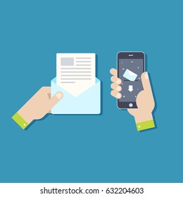 Hand holding envelope, letter. Hand touching smart phone with email symbol on the screen.
Email message concept. Vector illustration