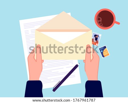 Hand holding envelope. Mail message, correspondence paper letter. Preparation messaging or postal notification, postcrossing vector concept