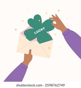 Hand holding envelope with message of lucky. Greeting card, 4 Leaf Clover card label.