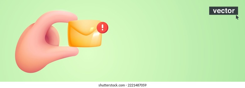 Hand holding envelope with notification circle emblem on gradient background. Realistic vector 3D design in cartoon style. Perfect for social media banner, UI template, chat app, subscribe advertising