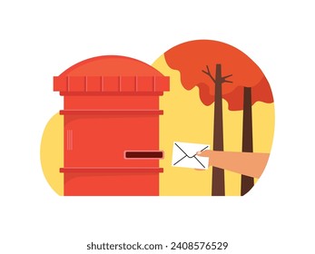Una mano sujetando un sobre para ponerlo en un buzón en otoño, enviando una carta a un amigo. Diseño de caracteres. Ilustración plana del vector