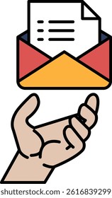 A hand holding an envelope with a red and yellow background. The envelope is open and the paper inside is folded