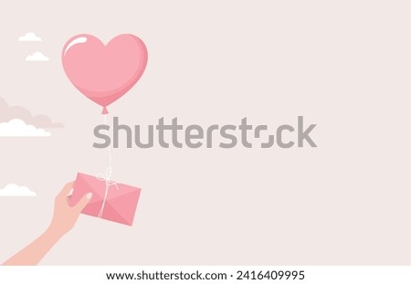 Hand holding envelope tied to heart balloon, copy space. Vector flat illustration