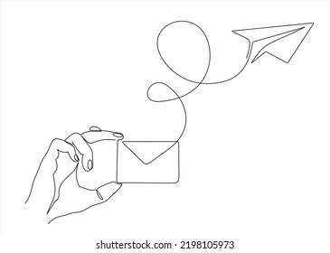  sobres de mano y plano de papel e-mail lista ilustración de construcción ilustración continua de una línea de arte. Se puede usar para logotipo, emblema, presentación de diapositivas y banner. Ilustración con plantilla de presupuesto. 