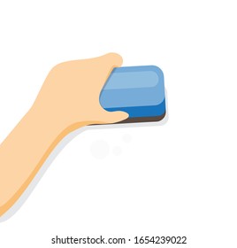 hand holding eraser to erases in white board cartoon flat illustration vector isolated in white background