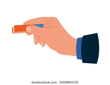 Hand holding eraser. Stationery tool. Office supplies and school equipment. Modern vector illustration in flat style  