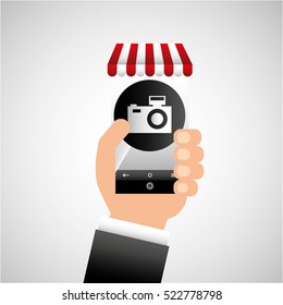 hand holding e-shopping camera design vector illustration eps 10