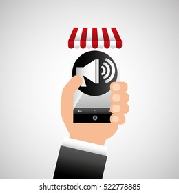 hand holding e-shopping megaphone design vector illustration eps 10