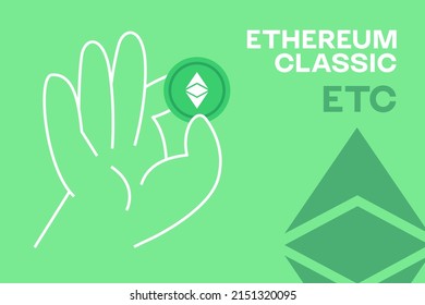 Hand holding Ethereum Classic cryptocurrency editable vector. (etc) token on blue background, for apps, web and animation. ETC logo, crypto flat design banner.