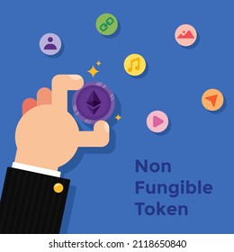The Hand Holding Ethereum Coin and Trying to Buy Some Assets. NFT graphic asset. Flat vector illustration isolated on blue background.