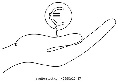 Hand holding euro coin continuous line drawn. Pay symbol. Charity donation concept. Vector illustration isolated on white.