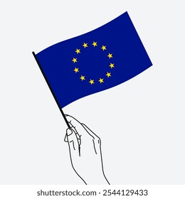 Hand holding Europe flag in line art drawing style. Europe hand Flag waving. Vector illustration