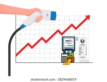 hand holding ev charger handle with increasing electricity cost graph